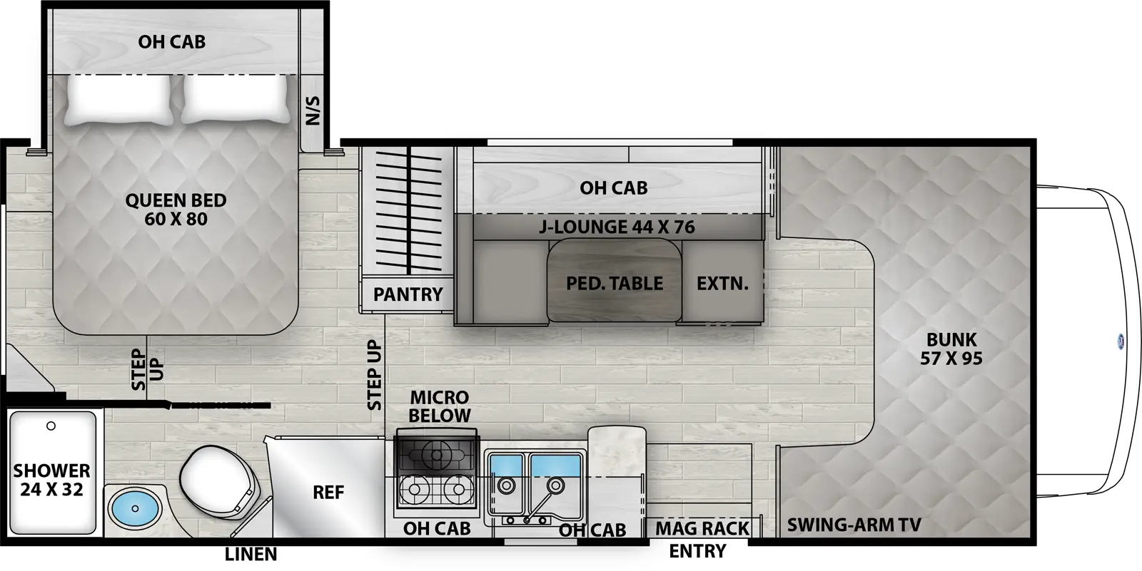 The Freelander 21RSS Chevy 4500 floorplan has one entry and one slide out. Exterior features include: 15' awning. Interiors features include: bunk over cab.